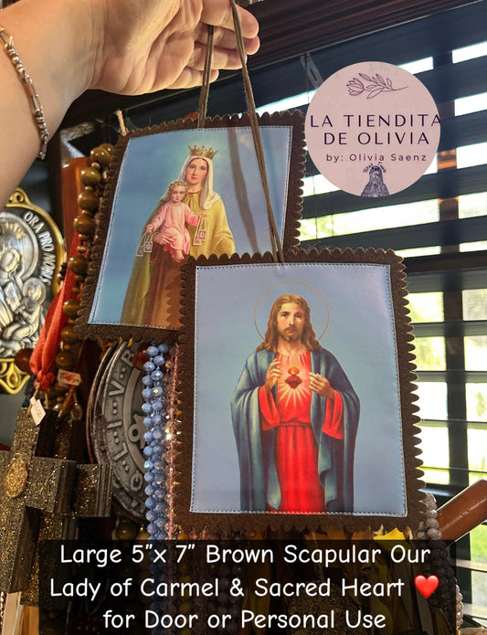 Large 5"x 7" Brown Scapular Our Lady of Carmel & Sacred Heart ❤️     for Door or Personal Use