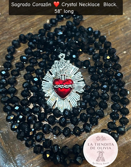 Sagrado Corazón ❤️ Black Crystal Necklace.         58” long
