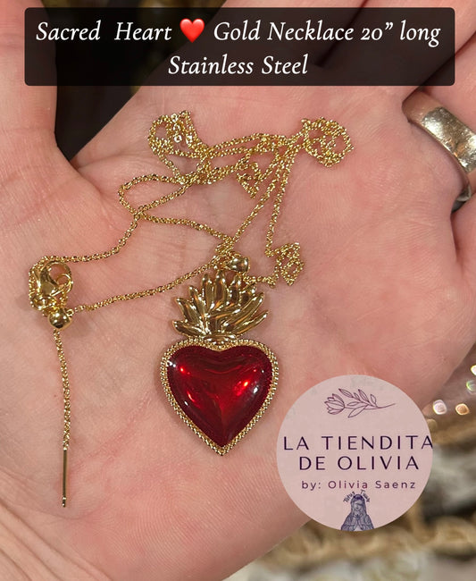 Sacred  Heart ❤️ Gold Necklace 20” long Stainless Steel