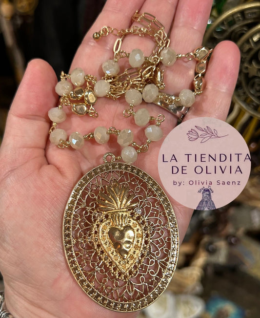 Gold Sacred Heart Crystal Necklace       30”long