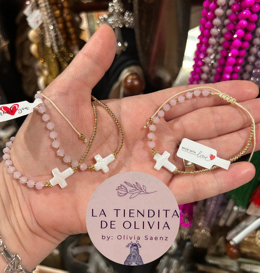 Mother of Pearl Cross Adjustable Bracelet Pink