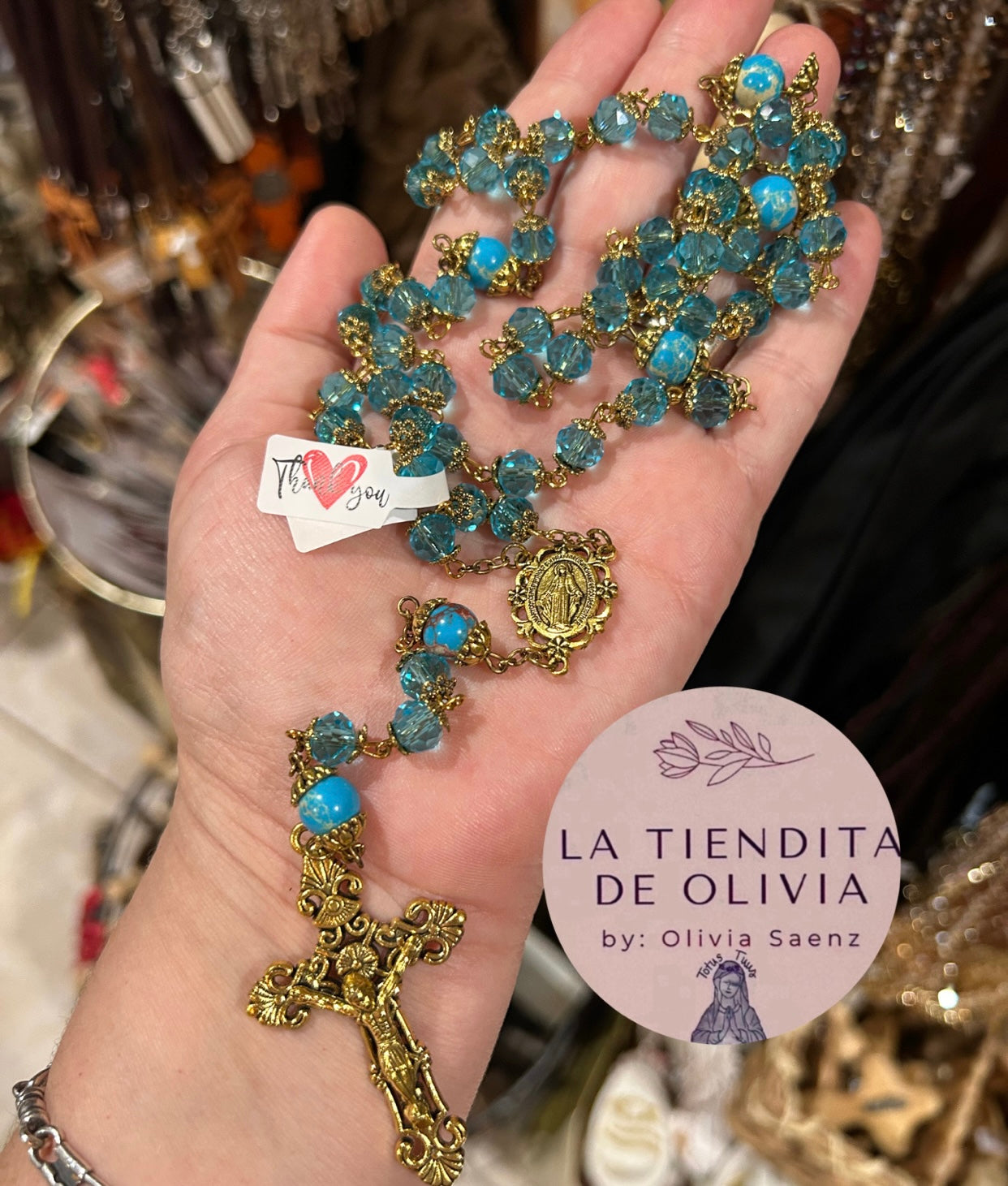 Miraculous Medal Crystal Rosary Turquoise & Gold