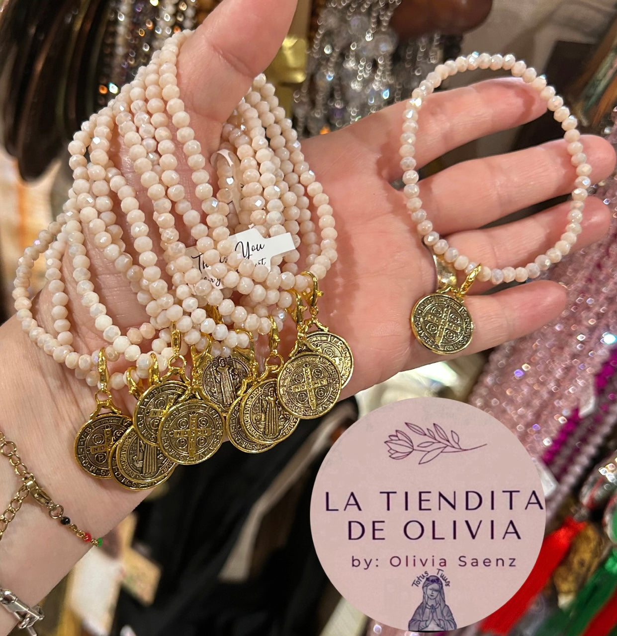 Saint Benedict Gold Medal - Stretch Crystal Bracelet Beige