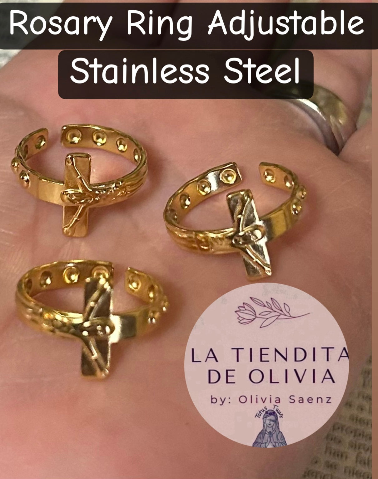 Rosary Ring Adjustable Stainless Steel Gold
