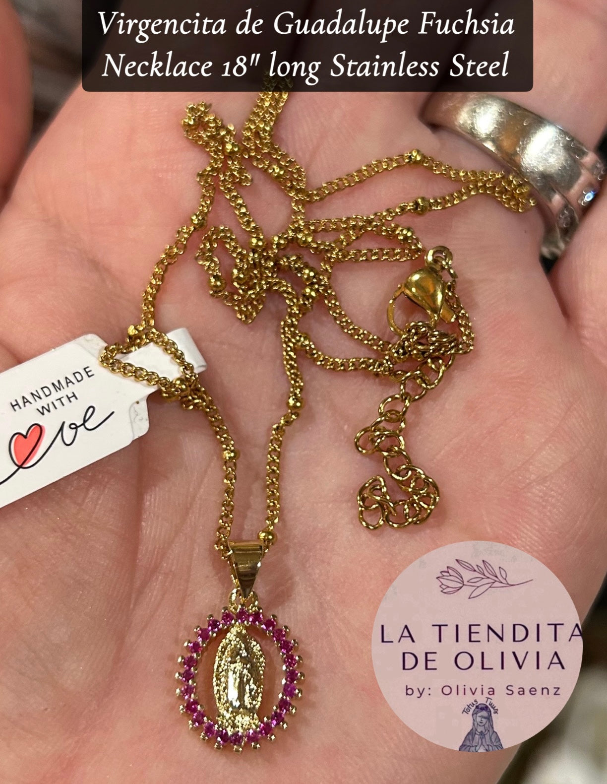Virgencita de Guadalupe Fuchsia Necklace 18" long Stainless Steel