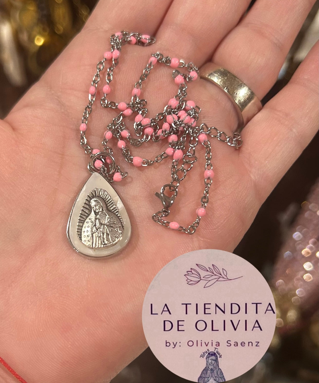 Mother of Pearl Virgencita de Guadalupe Necklace 20” long Stainless Steel