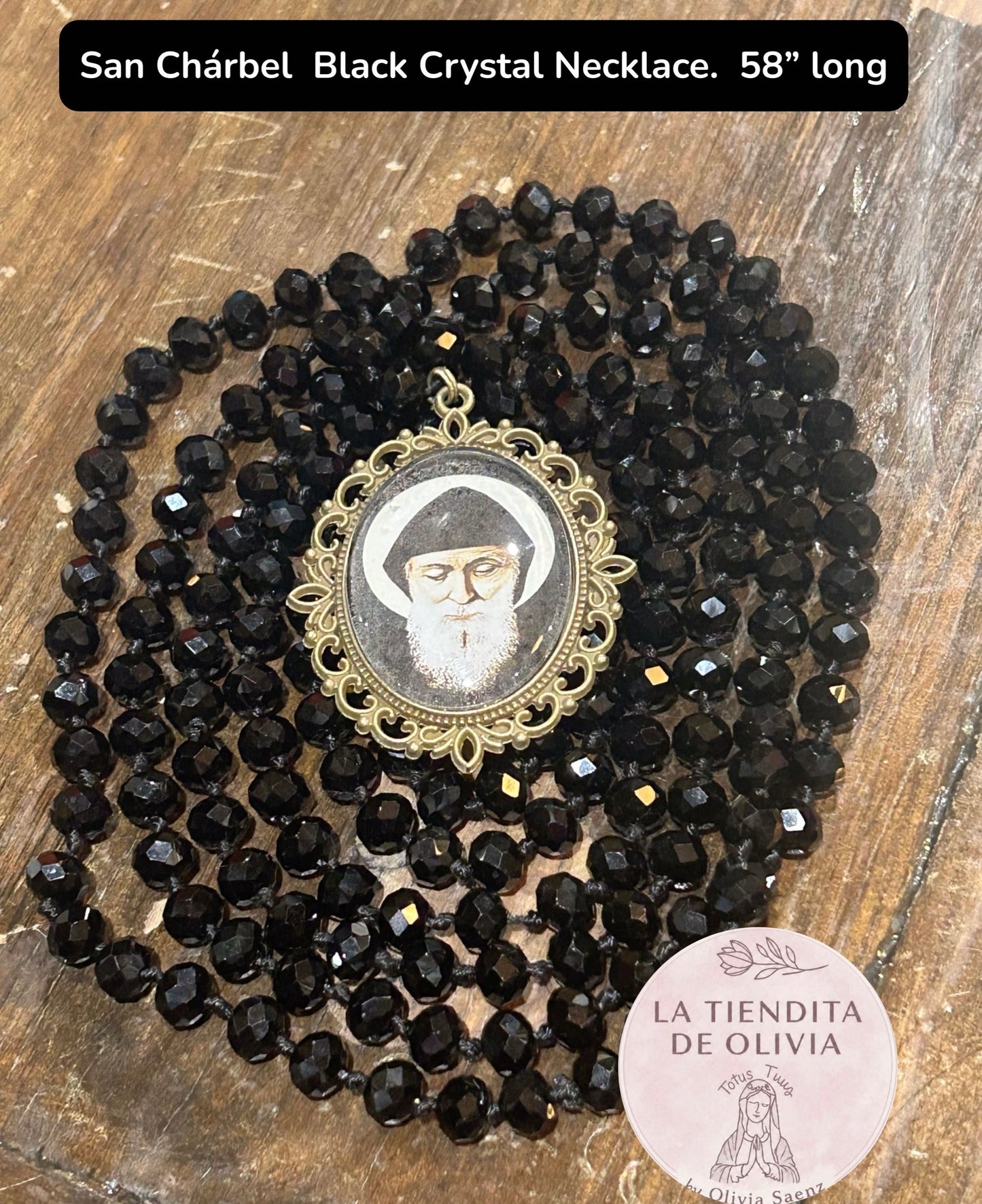 San Chárbel  Black Crystal Necklace.  58” long