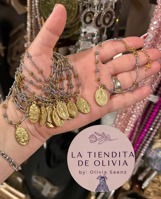 Virgen Medalla Milagrosa          Rosario-Brazalete Plateado y Dorado Acero Inoxidable