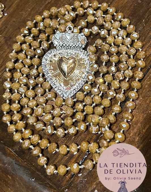 Sagrado Corazón ❤️ Cappuccino Crystal Necklace 58” long
