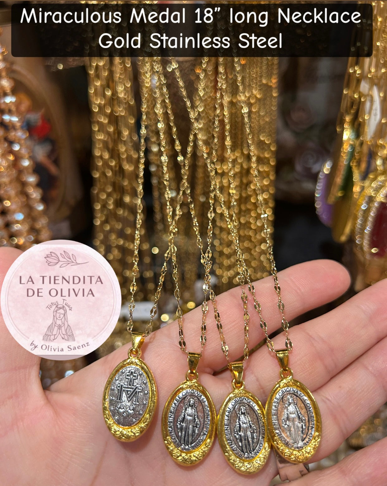 Miraculous Medal 18” long Necklace Gold Stainless Steel