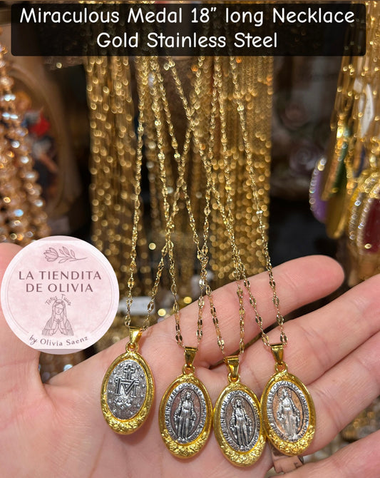 Miraculous Medal 18” long Necklace Gold Stainless Steel