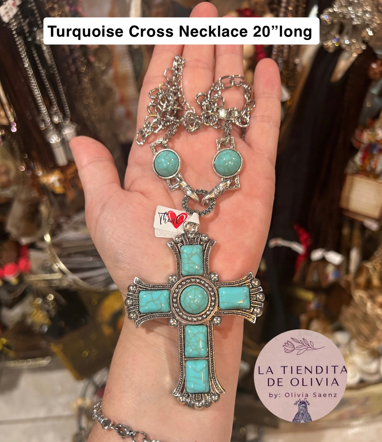 Turquoise Cross Necklace 20”long