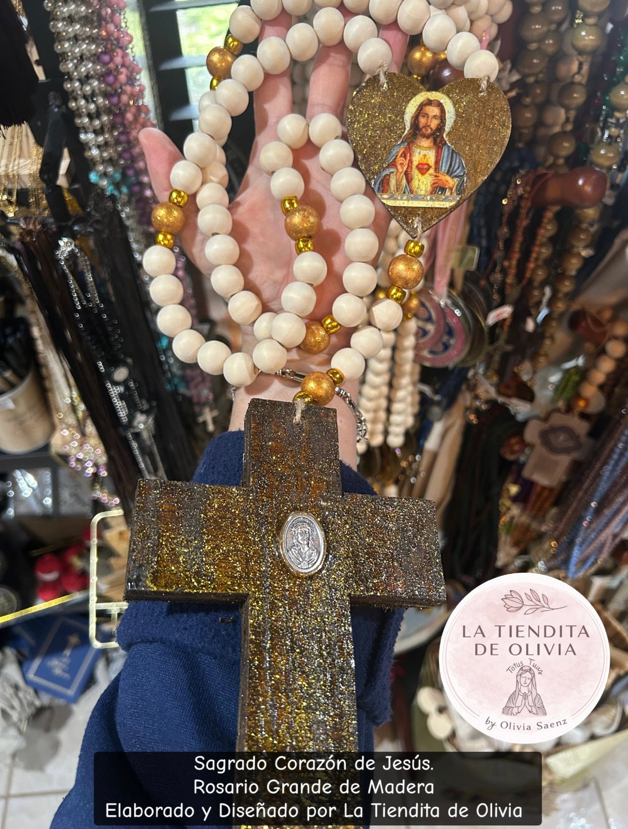 Sagrado Corazón de Jesús.       Rosario Grande de Madera - Elaborado y Diseñado por La Tiendita de Olivia