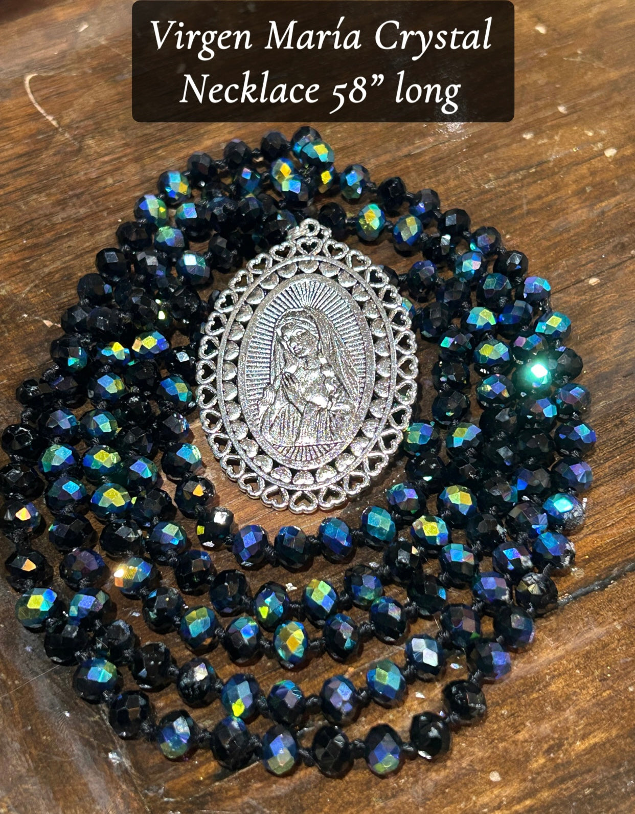 Virgen María Crystal Necklace 58” long