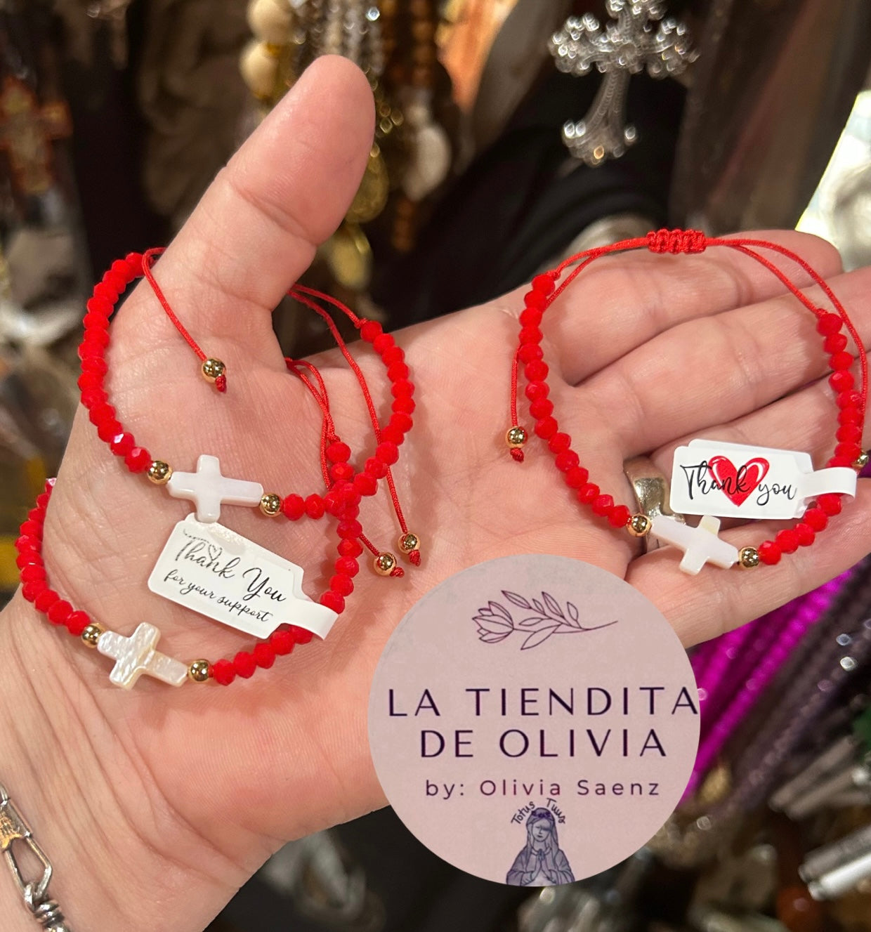 Mother of Pearl Cross Red  Bracelet Adjustable