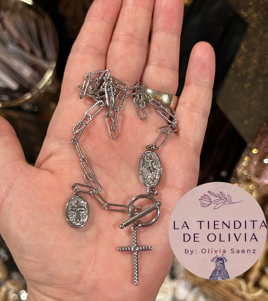 Miraculous Medal Paperclip Necklace 18”long Silver Stainless Steel