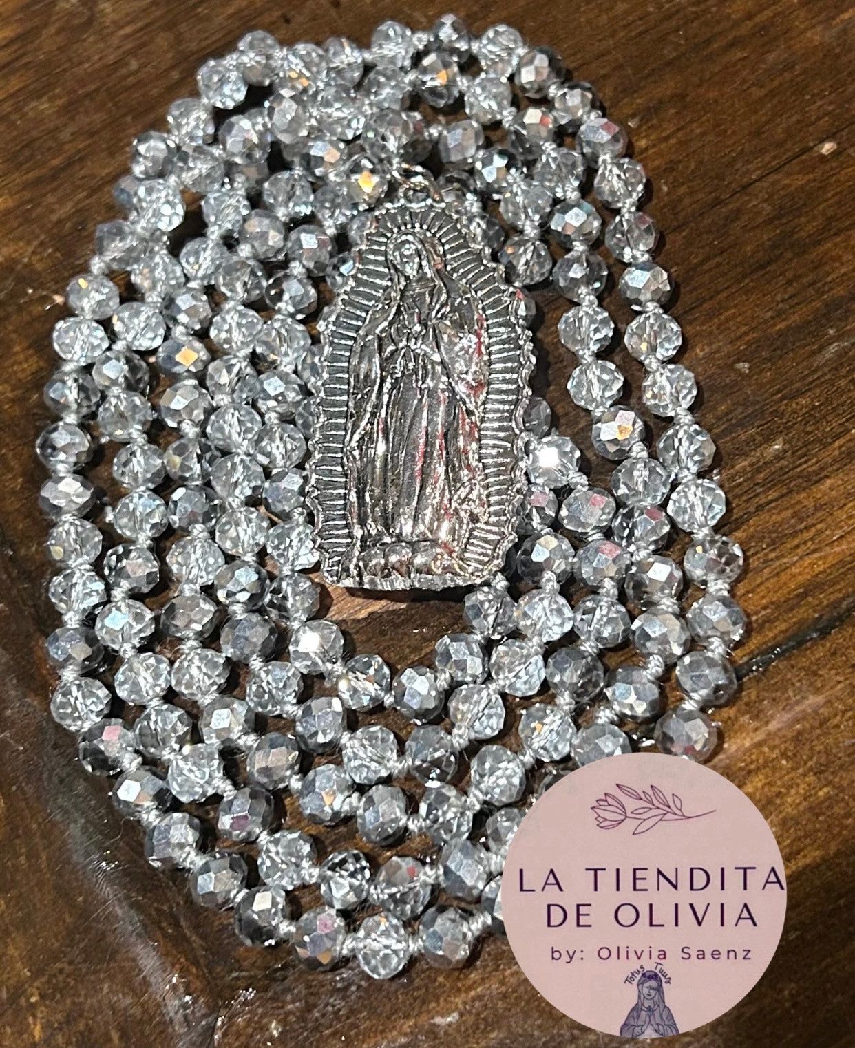 Virgencita de Guadalupe Silver Crystal Necklace - 58” long
