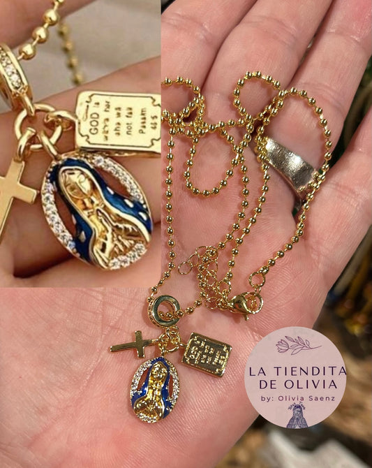 Virgin Mary & Bible Verse Necklace 20”long 18k Gold Plated. God is within her, she will not fall.(Psalms 46, 5)