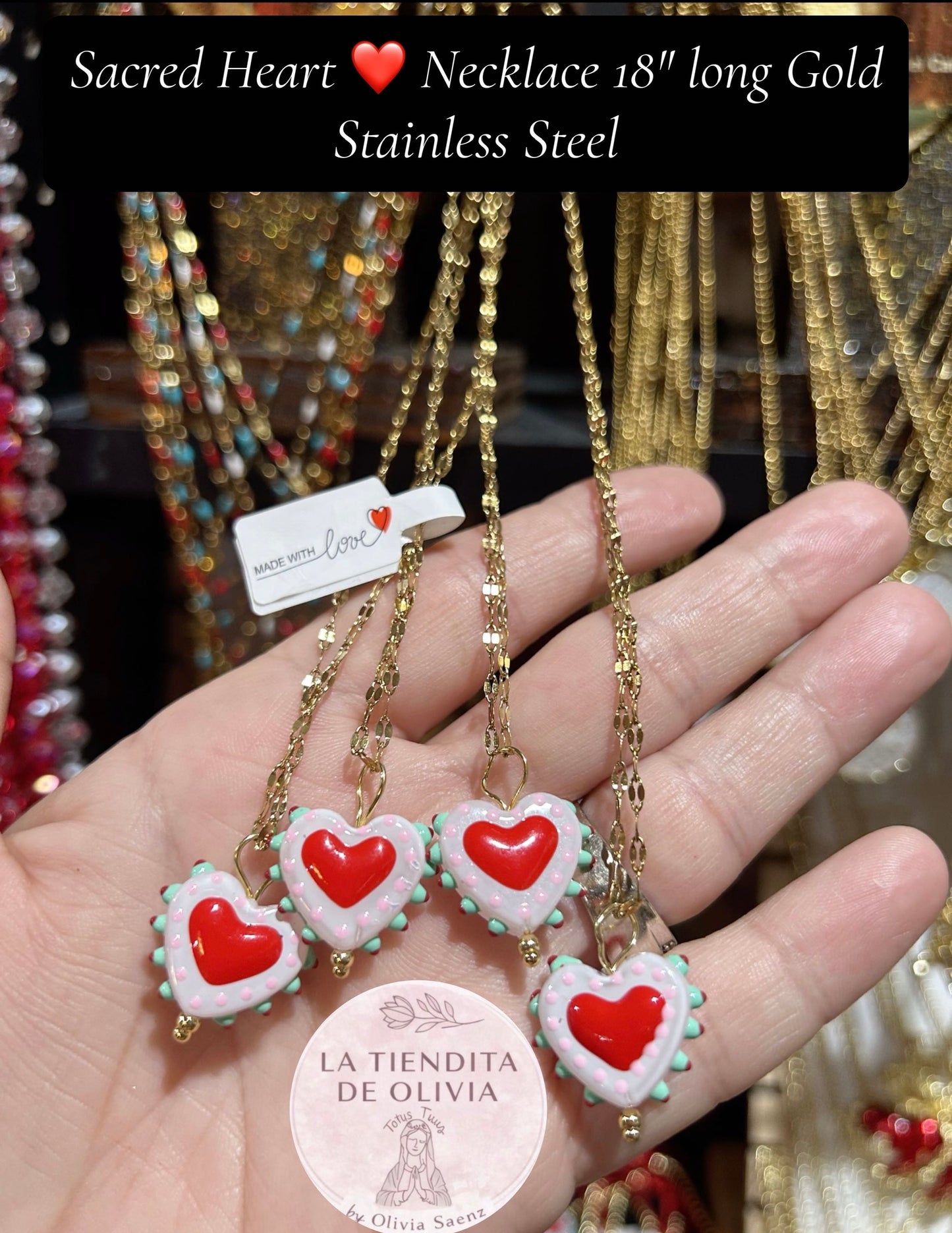 Sacred Heart ❤️ Necklace 18” long Gold Stainless Steel