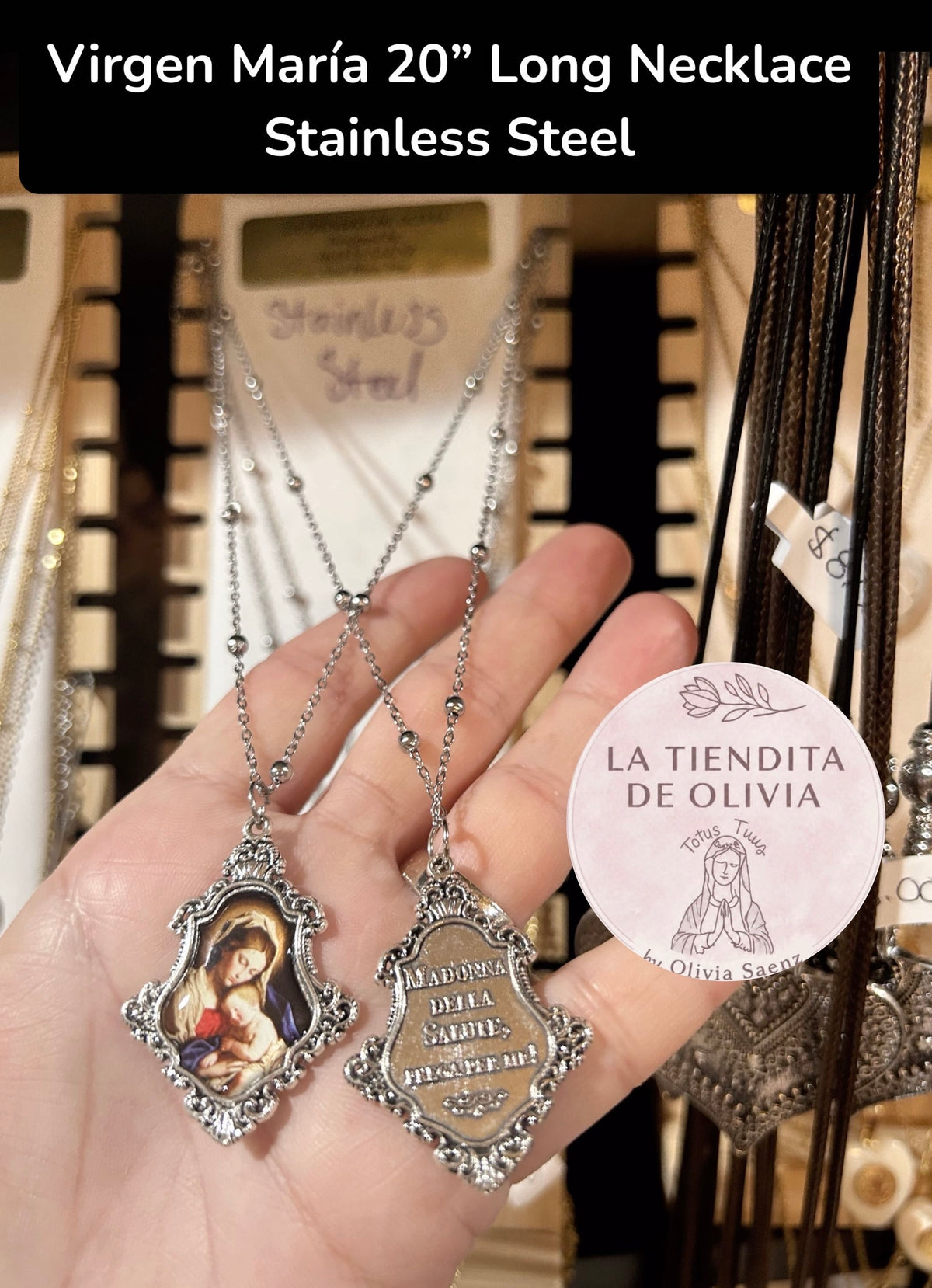 Virgen María 20" Long Necklace
Stainless Steel