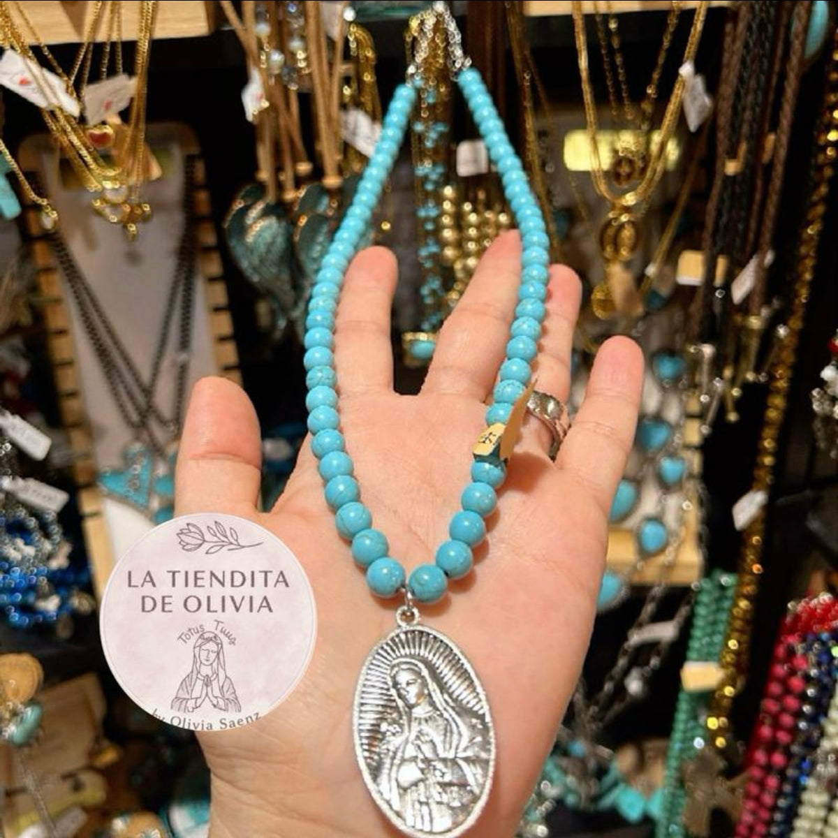 Virgencita de Guadalupe Turquoise 20” long Necklace