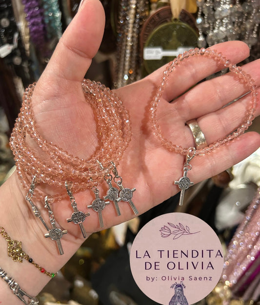 Saint Benedict Silver Cross - Stretch Crystal Bracelet Pink