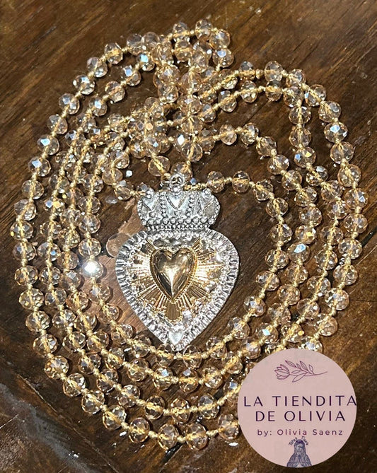 Sagrado Corazón ❤️ Champagne Crystal Necklace 58” long