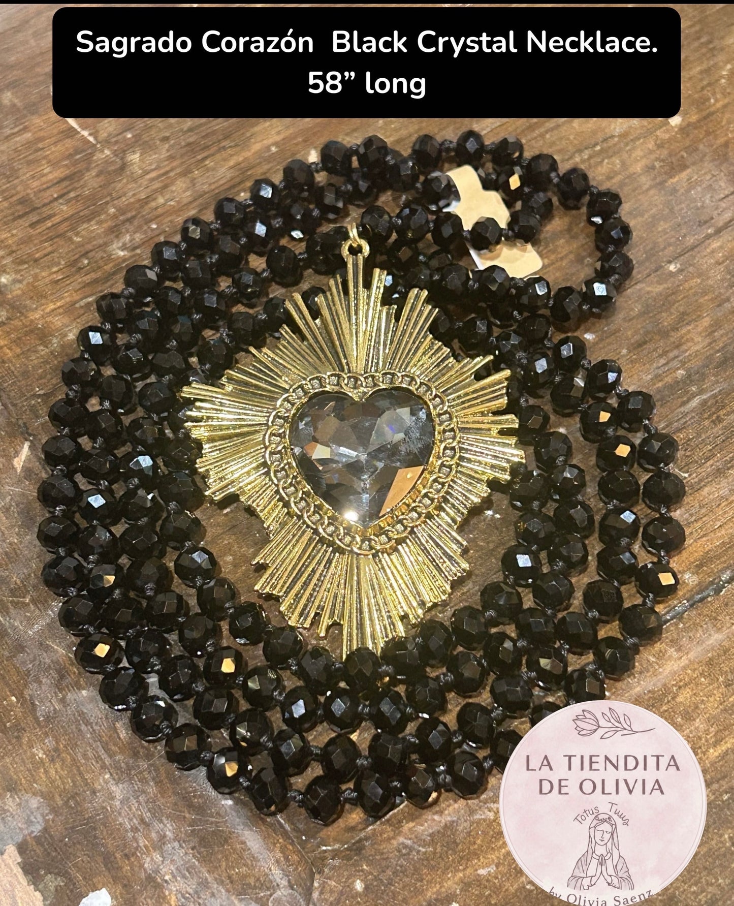 Sagrado Corazón Black Crystal Necklace.  58” long