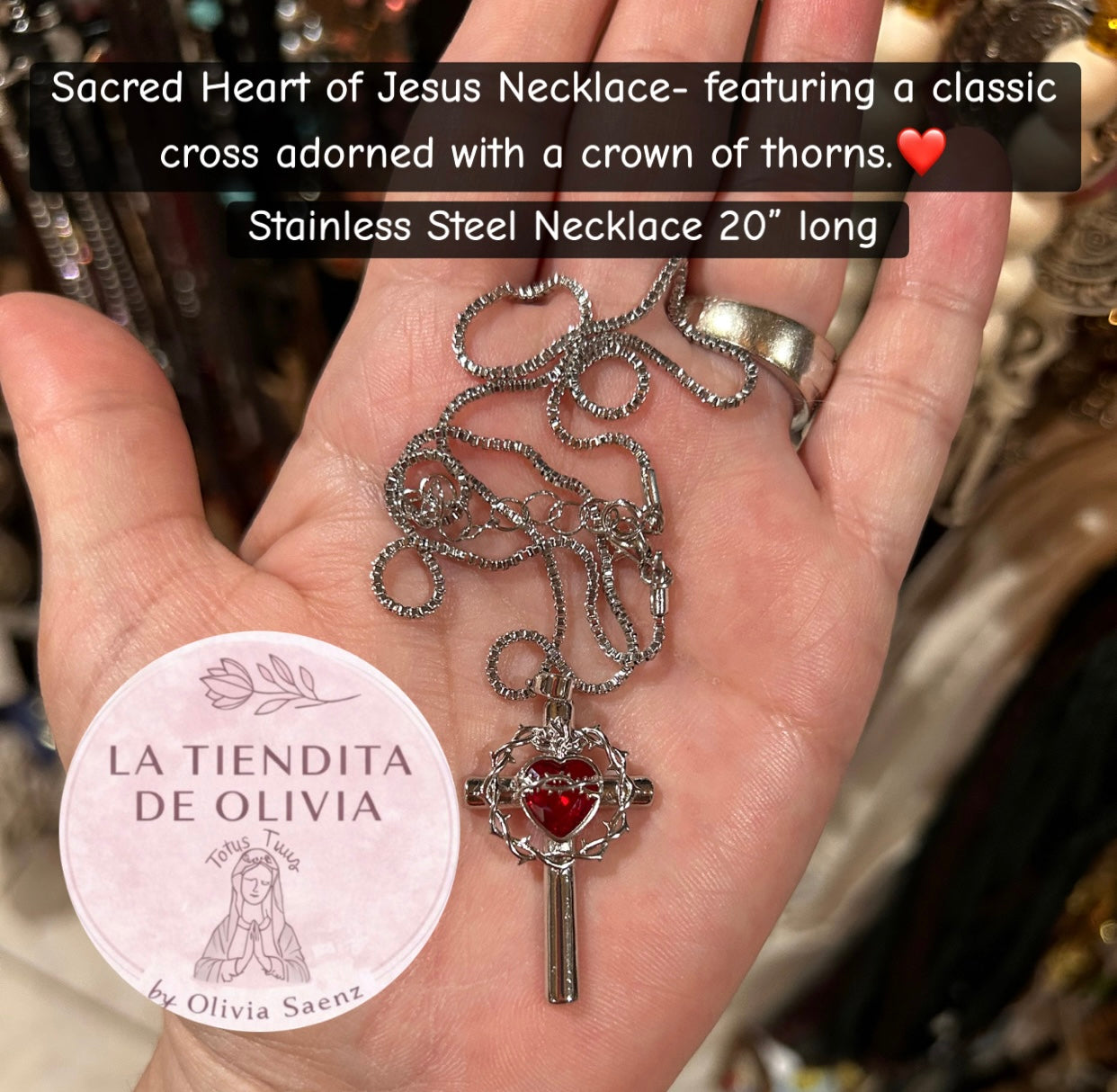 Sacred Heart ❤️ Necklace- featuring a classic Cross adorned with a crown of thorns.
Stainless Steel Necklace 20" long