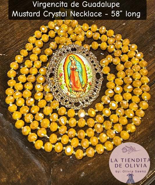 Virgencita de Guadalupe Mustard Crystal Necklace - 58” long