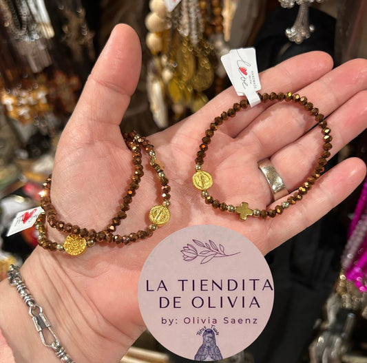 Saint Benedict & Cross Stretch Bracelet Bronze