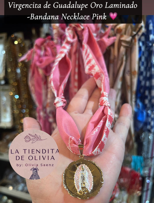 Virgencita de Guadalupe Oro Laminado -Bandana Necklace Pink 💗