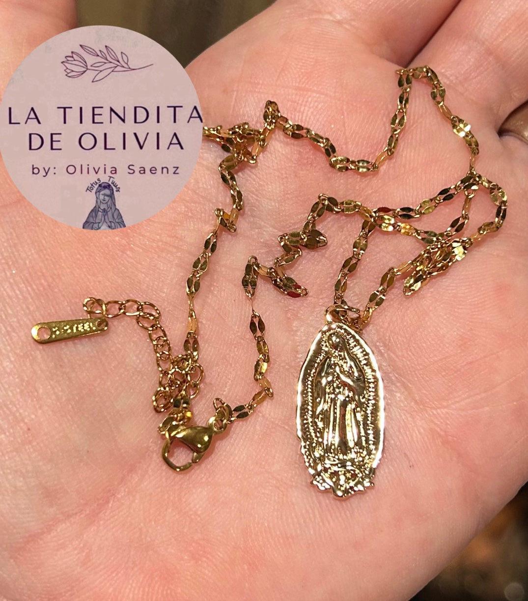 Virgencita de Guadalupe Necklace 18”long Gold Stainless Steel