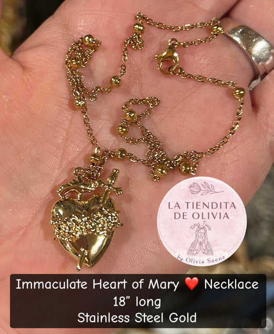 Immaculate Heart of Mary ❤️Necklace 18” long 
Stainless Steel Gold