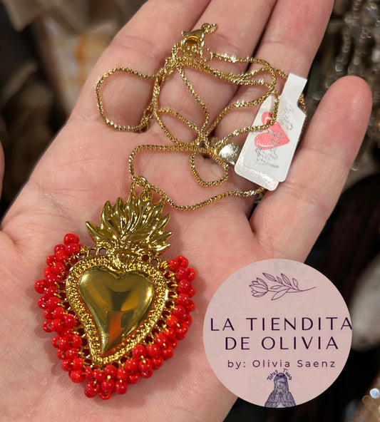 Sacred Heart ❤️ Pendant Necklace                Red & Gold 
20” long