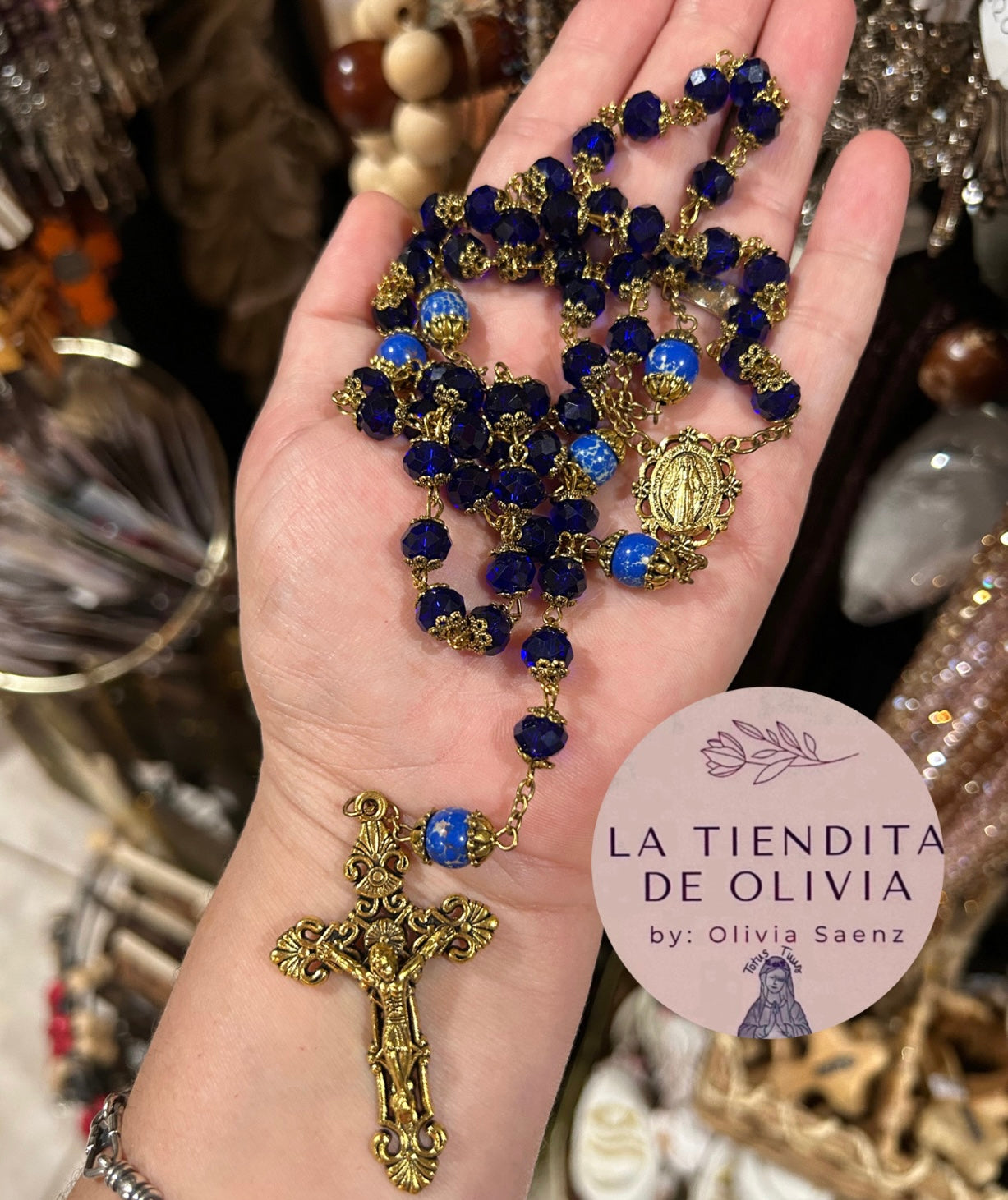 Miraculous Medal Crystal Rosary
Blue & Gold 
24” long