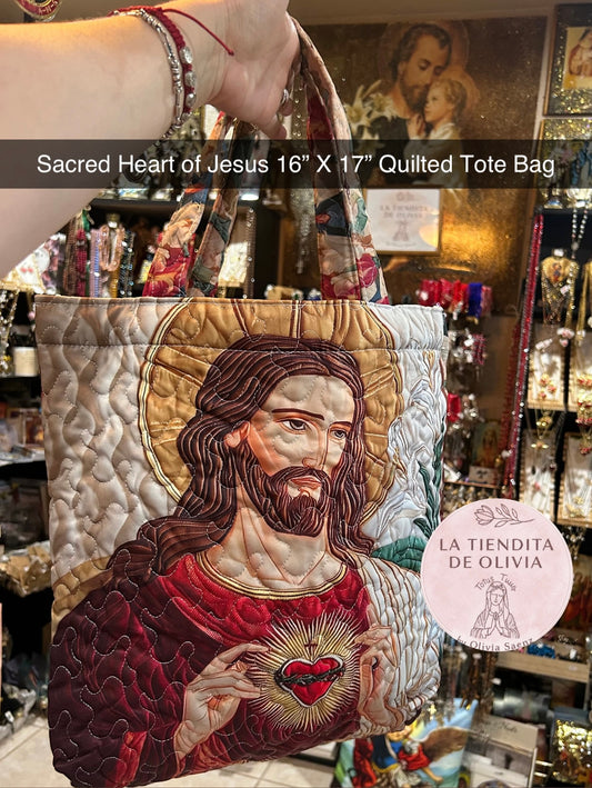 Sacred Heart Quilted Tote Bag          16" X 17"