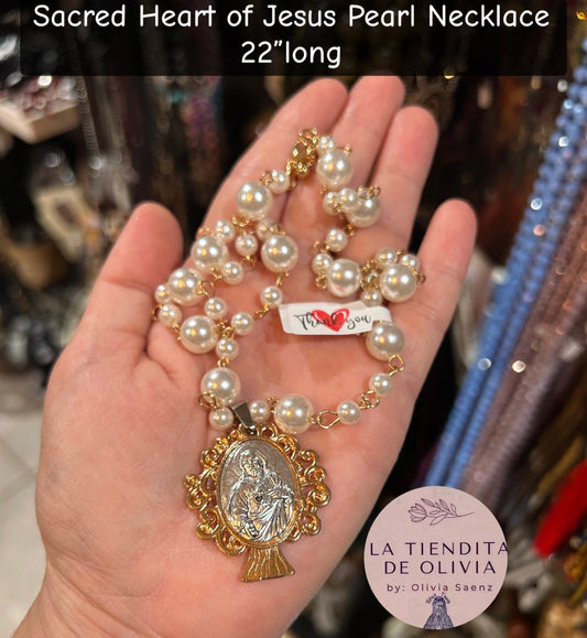 Sacred Heart ❤️  Pearl Necklace 22”long