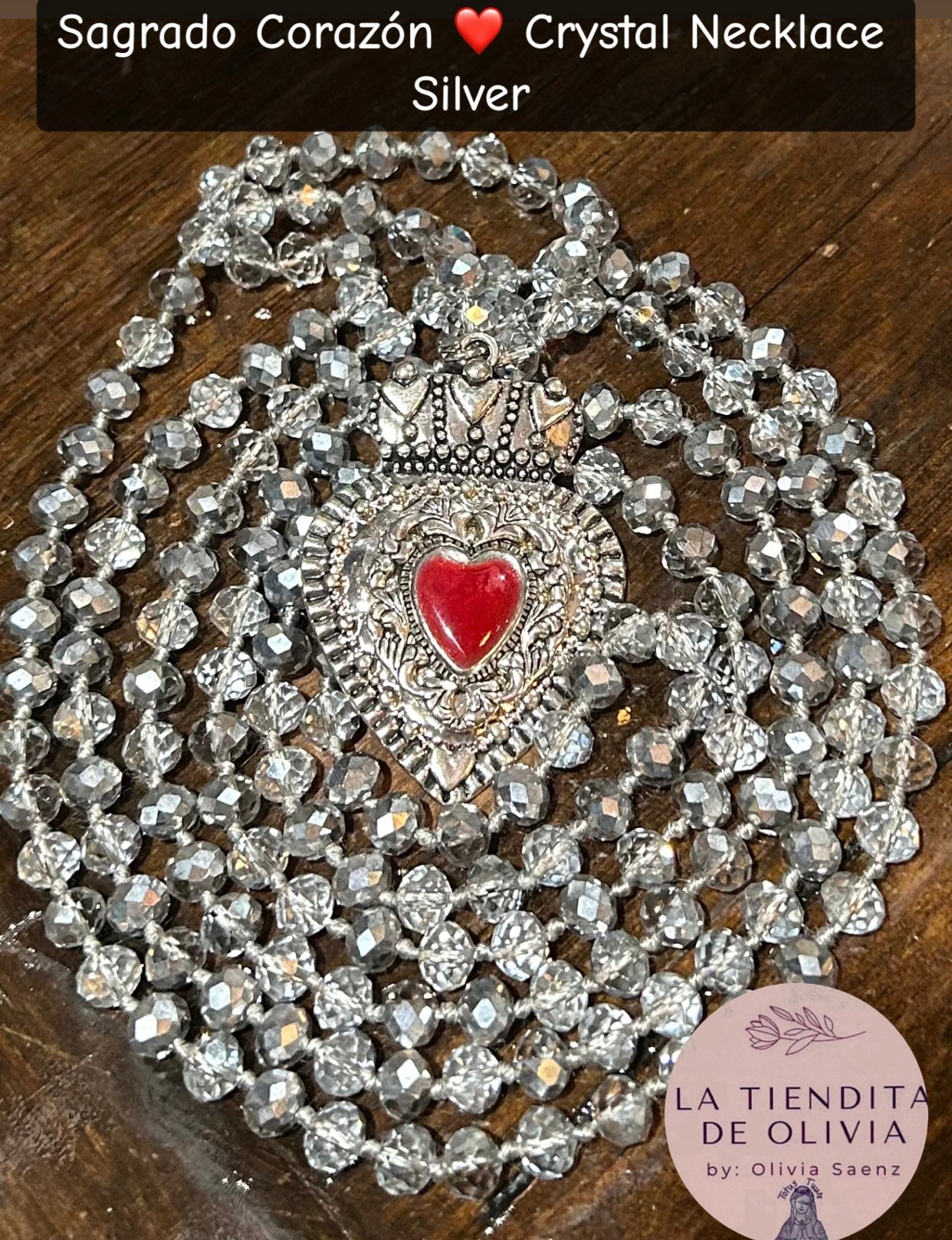 Sagrado Corazón ❤️ Crystal Necklace  Silver.         58” long
