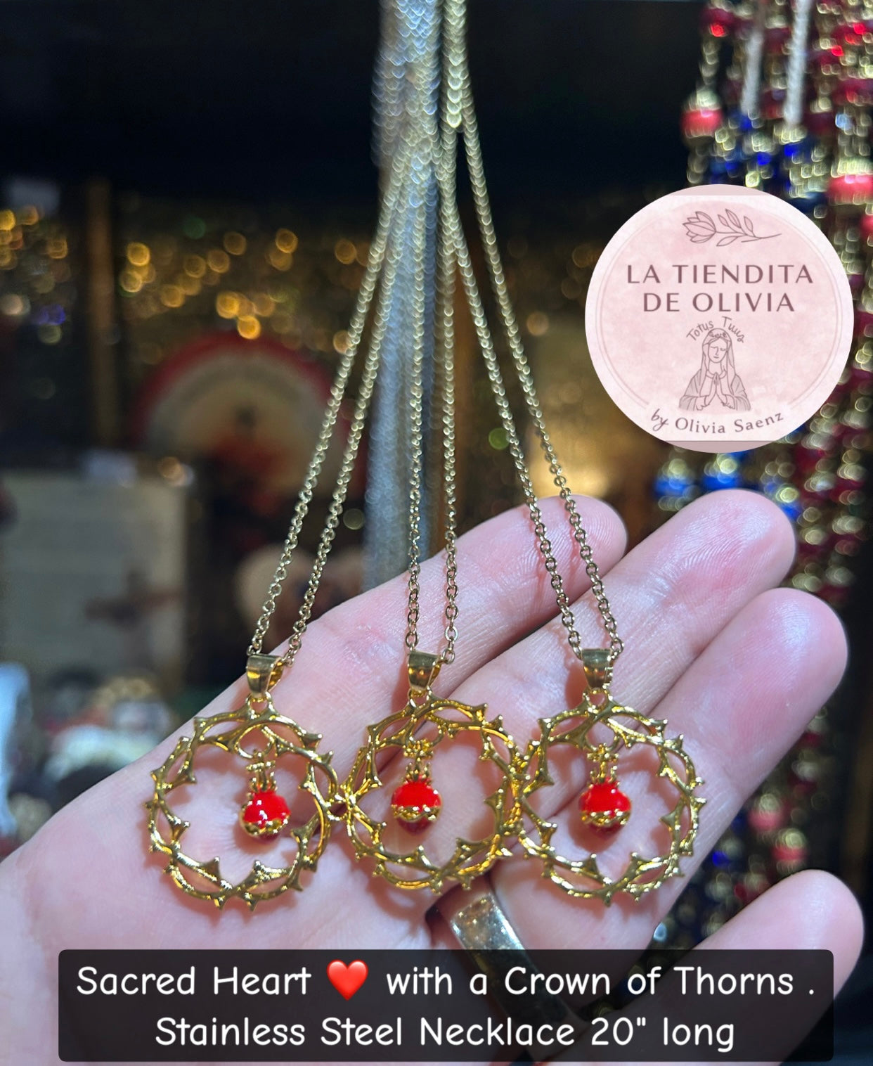 Sacred Heart ❤️ with a Crown of Thorns .
Gold Stainless Steel Necklace 20" long
