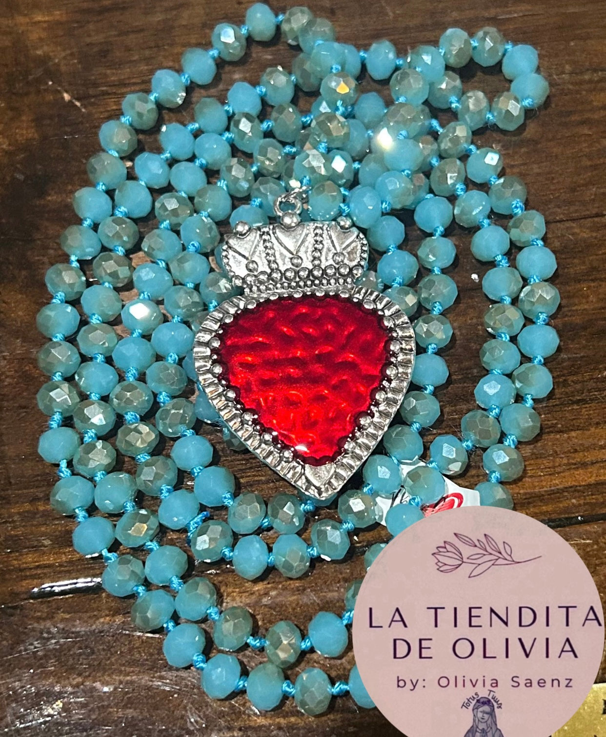 Sacred Heart ❤️ Turquoise & Silver Crystal Necklace - 58” long