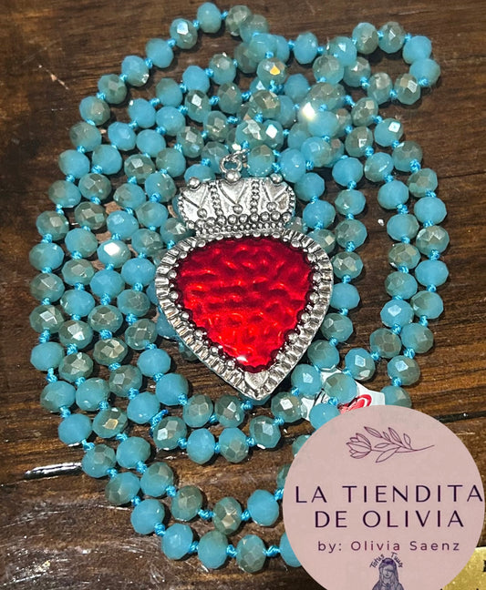 Sacred Heart ❤️ Turquoise & Silver Crystal Necklace - 58” long