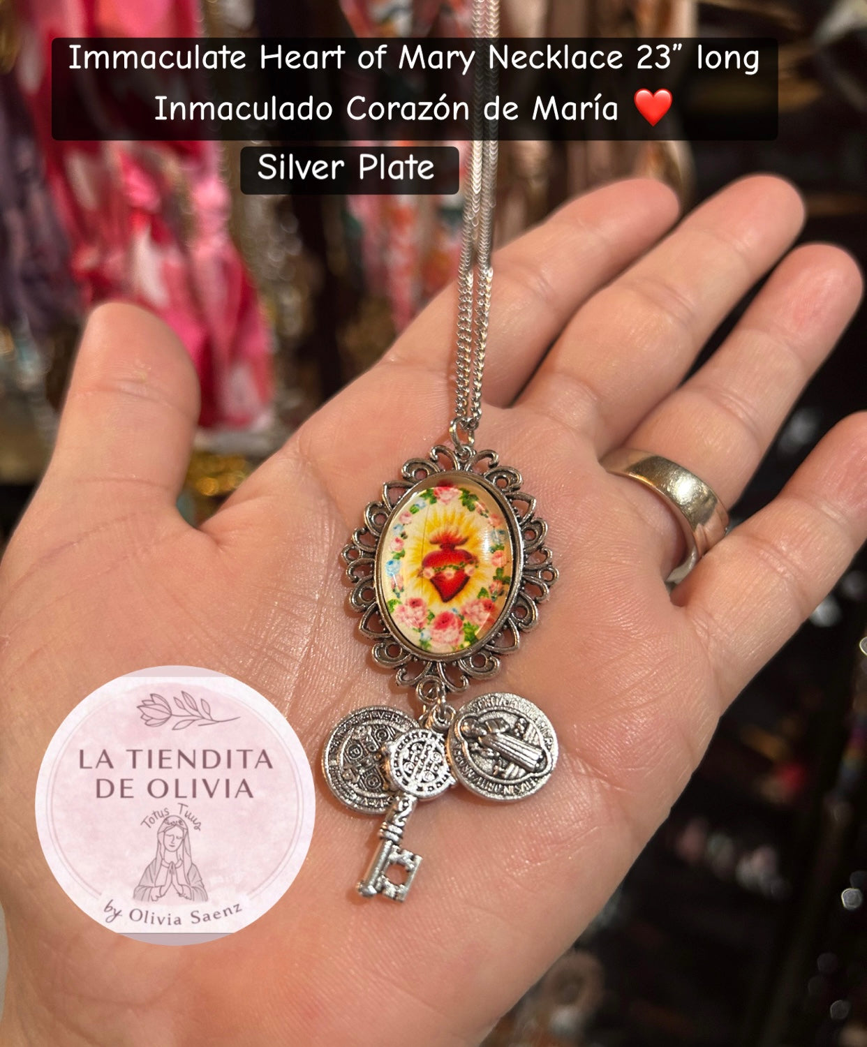 Immaculate Heart of Mary Necklace 23" long,  Silver Plate
Inmaculado Corazón de María❤️