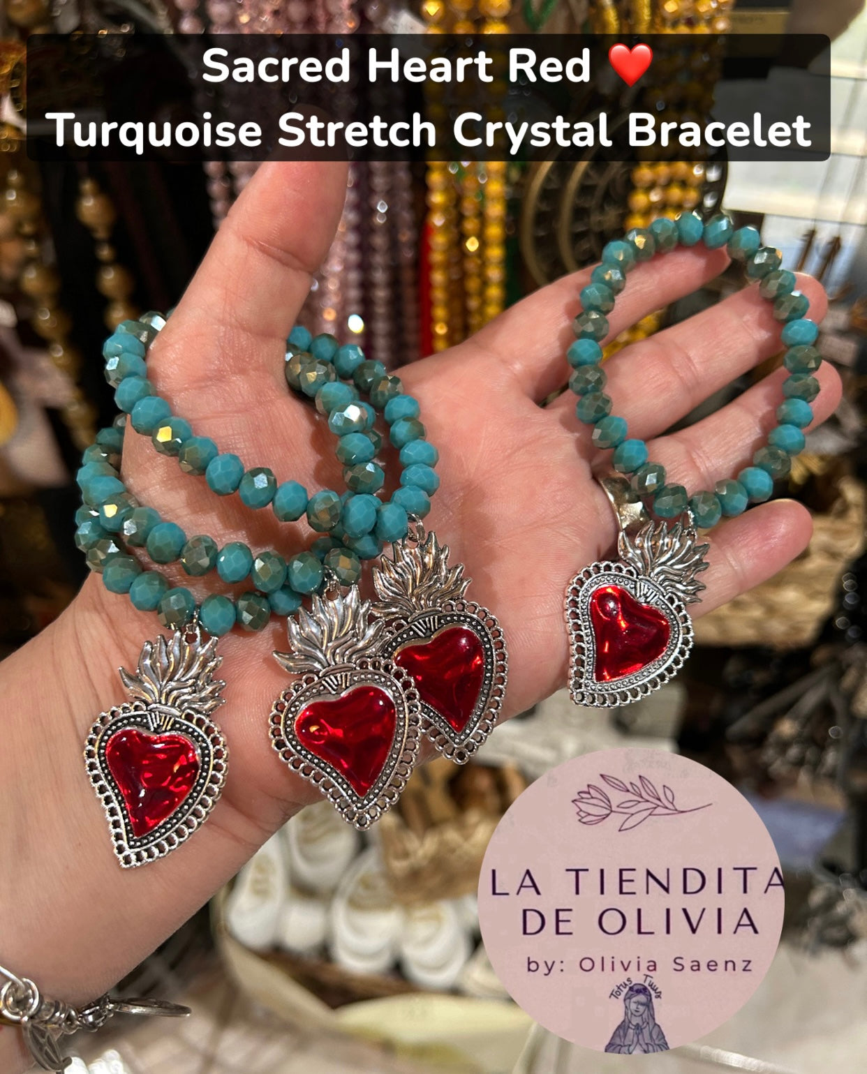 Sacred Heart Red ❤️ Turquoise Stretch Crystal Bracelet