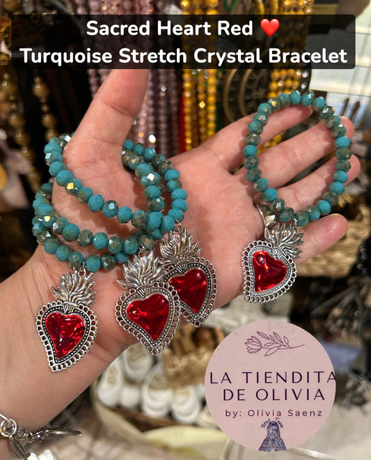 Sacred Heart Red ❤️ Turquoise Stretch Crystal Bracelet