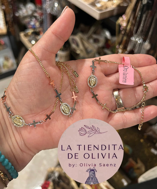 Virgencita de Guadalupe & Crosses Bracelet Tricolor Oro Laminado