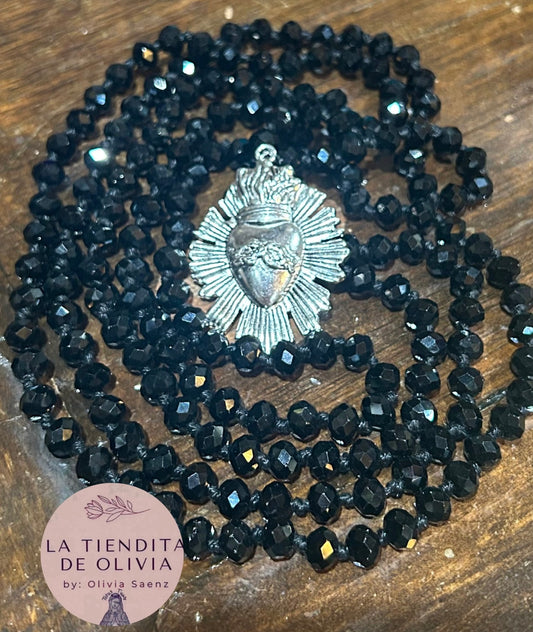 Sagrado Corazón Crystal Necklace Black .         58” long