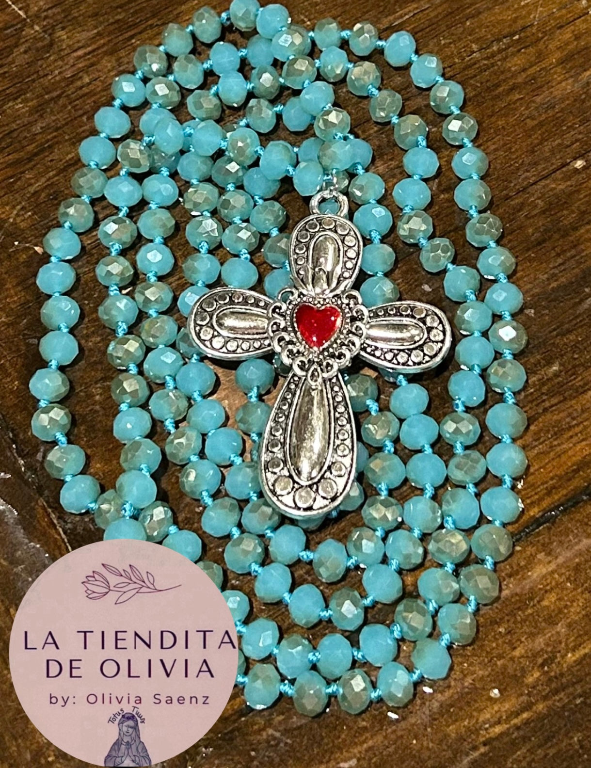 Sacred Heart Cross ❤️ Turquoise & Silver Crystal Necklace - 58” long