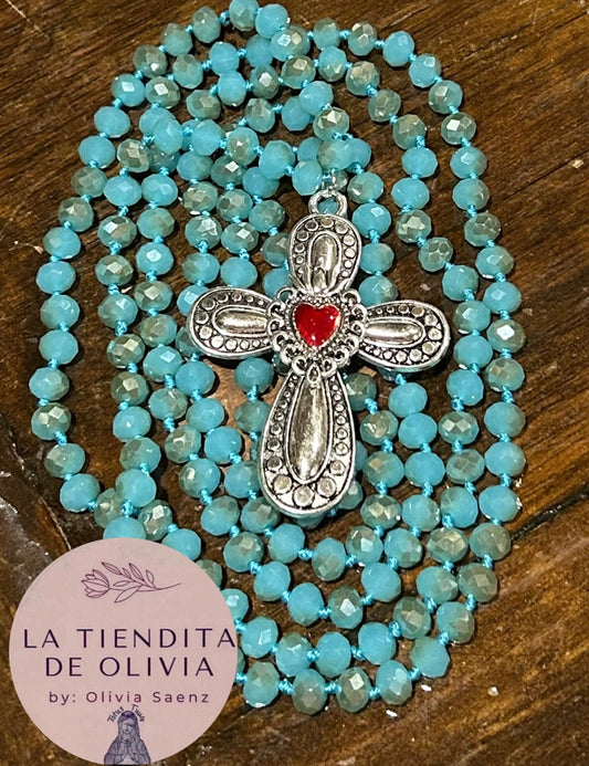 Sacred Heart Cross ❤️ Turquoise & Silver Crystal Necklace - 58” long