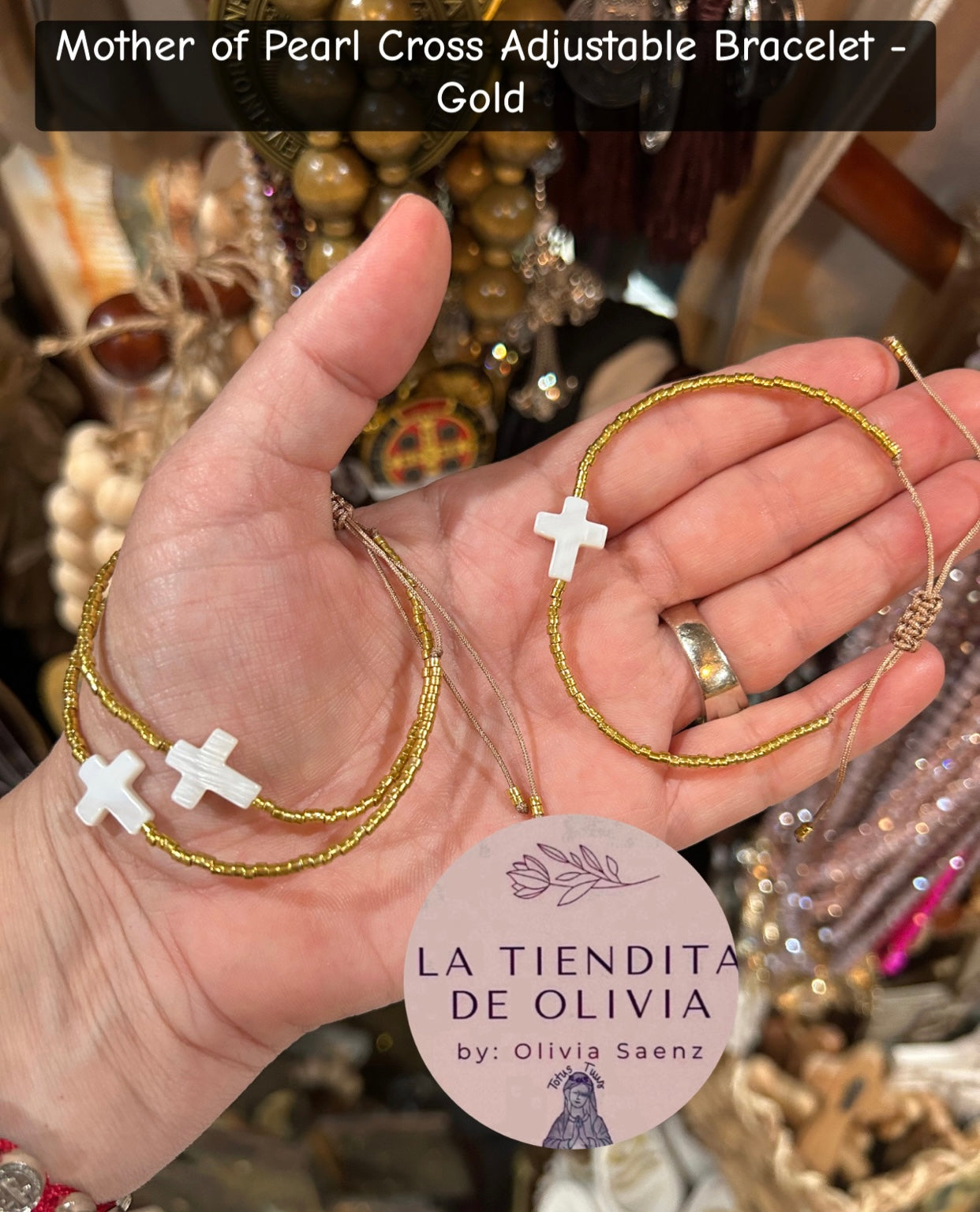 Mother of Pearl Cross Adjustable Bracelet - Gold